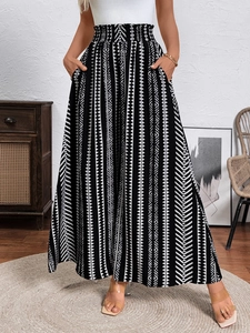 Women's high waist wide leg pants with black and white bohemian geometric print