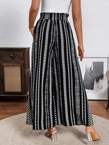 Women high waist wide leg pants with ethnic black and white geometric pattern print