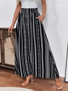 Women's high waist wide leg pants with black and white ethnic geometric print