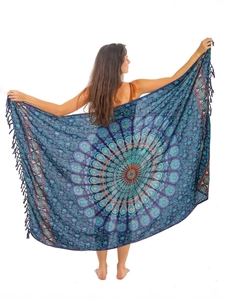 Bohemian mandala beach shawl with fringe tassels shown in full display by a model