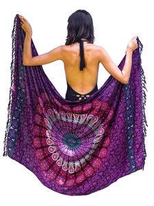 Mandala print beach shawl with black tassels, oversized burgundy bohemian wrap for women