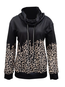 Women's leopard print long sleeve pullover hoodie with drawstring cowl neck design