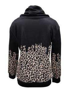 Women leopard print hoodie with black drip pattern patchwork and drawstring cowl neck