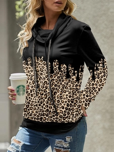 Women's leopard print long sleeve sweatshirt with cowl neck and drawstring details
