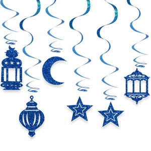 Deep blue glitter Ramadan hanging swirls with moon stars and lanterns for party decor