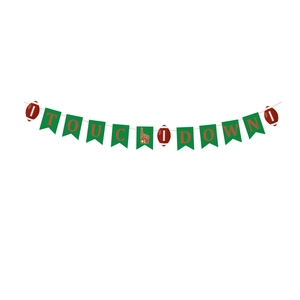 Detail of green Touchdown banner flags with football and #1 finger for Super Bowl party deco