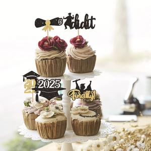 2025 Graduation cupcake toppers with black gold glitter mortarboard and diploma decor