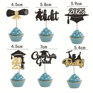 Glittery black and gold 2025 graduation cupcake toppers set for party cake decoration