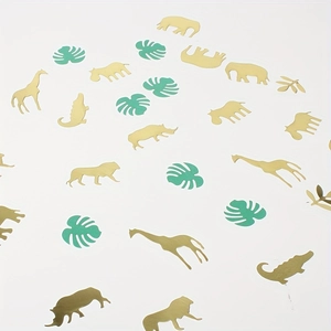 Golden wildlife animal silhouettes and green monstera leaf party confetti set