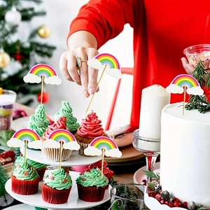 Rainbow and white cloud cake toppers for school season party decorations on cupcakes