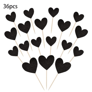 Set de 36 adornos para tartas con forma de corazón de purpurina negra para cumpleaños