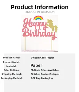 Specifiche tecniche del cake topper glitterato a tema unicorno e arcobaleno Happy Birthday