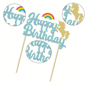 Topper torta unicorno Happy Birthday con glitter blu, arcobaleno e unicorno dorato