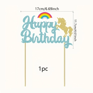 Dimensioni topper torta Unicorno Happy Birthday: larghezza 17cm e altezza 11,7cm, 1 pezzo