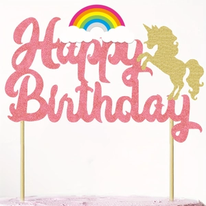 Decorazione per Torte Unicorno Arcobaleno Glitter Happy Birthday per Feste di Compleanno Bambini Forniture Decorazioni Torta Cartone Animato