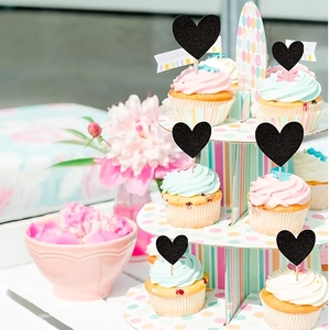 Adorno de pastel con corazón negro brillante para decoraciones de fiesta de cumpleaños