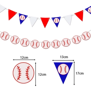 Baseball party banner set with red, white, blue pennants and round baseball patterns