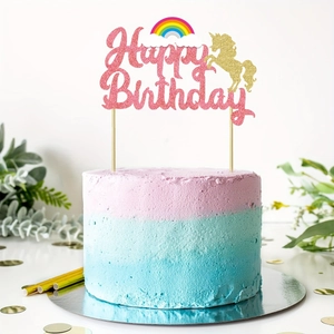 Topper per torta Happy Birthday glitter rosa con sagoma di unicorno dorato e arcobaleno