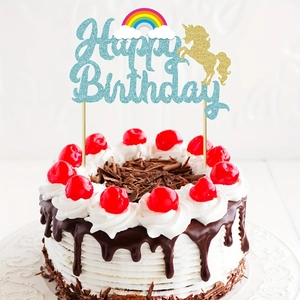 Topper per torta Happy Birthday glitterato blu con unicorno dorato e arcobaleno
