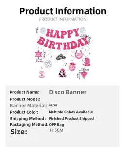 Disco und Cowboy Happy Birthday Banner Set mit rosa Glitzer Buchstaben und Icons