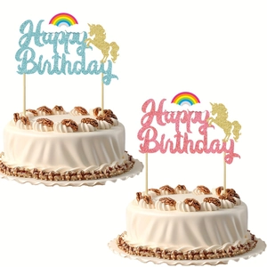 Decorazioni per torta unicorno Happy Birthday con glitter blu e rosa e arcobaleno