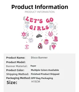 Detail van de Let's Go Girls disco-party banner met cowboyhoeden en glinsterende bollen