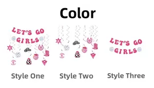 Drie roze glitter feestdecoratie sets inclusief Let’s Go Girls banners en diverse bedeltjes