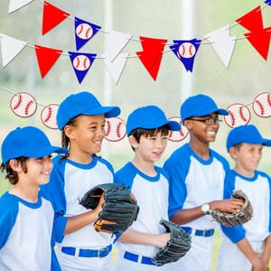 Baseball party decoration kit with red white and blue pennants and round ball banners