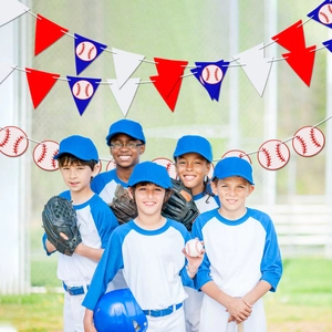 Baseball party decoration set with red white and blue pennant banners and round garlands