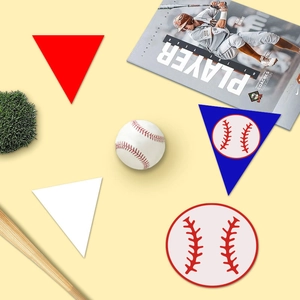 Baseball party decoration set with banners and round pennants on a sports background