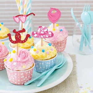 Set de toppers para cupcakes fiesta disco con sombrero de vaquero y gafas de corazón