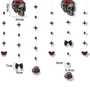 Detailed size chart for Halloween skeleton skull hanging ornaments with dimensions