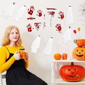 Halloween wall stickers featuring white ghosts and red bloody handprints for home decor