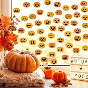 Halloween pumpkin face stickers displayed on window with cozy autumn harvest background