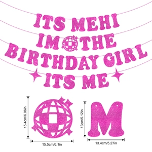 Rosa Glitzer Geburtstag Banner Set mit Discokugeln und Sternen, Größe 13x13.4cm Briefe