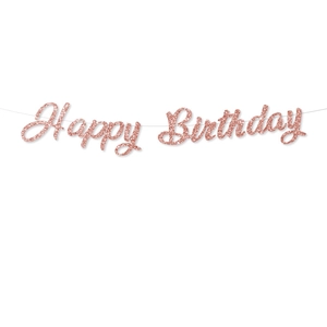 Rose gold glitter Happy Birthday banner for party decorations on a clean white background