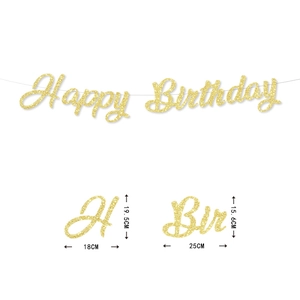Detailed size specifications for glitter Happy Birthday banner with dimensions