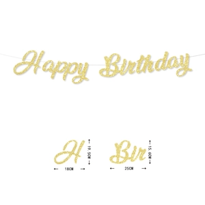 Golden glitter Happy Birthday banner set for party decorations with dimension labels