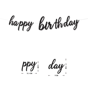 Black glitter Happy Birthday banner set with specific letter size dimensions shown
