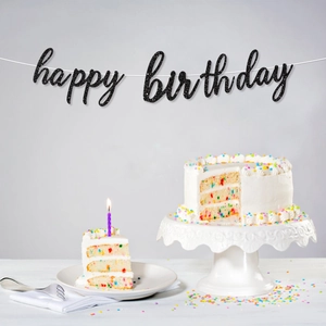Glittery black Happy Birthday banner for party decorations featuring elegant script lettering