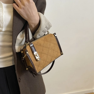 Retro Quilted Rhombic Square Bag For Women PU Leather Suede Texture Crossbody Shoulder Bag Handbag With Golden Lock