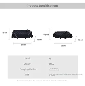 Size comparison chart for quilted cylinder bag showing dimensions and PU leather details