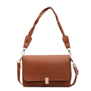 Brown faux leather baguette shoulder bag with gold metal clasp and woven handle