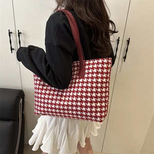 Women Large Houndstooth Tote Bag Urban Minimalist Woven Fabric Shoulder Handbag With PU Leather Handles Daily Commuting Bag