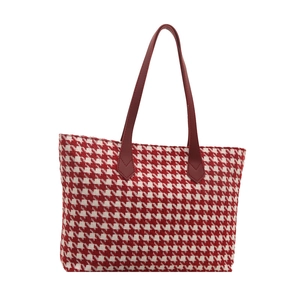 Chic red and white houndstooth tote bag with faux leather handles for women