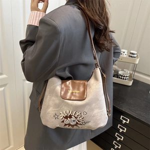 Women's American Vintage Cartoon Print Washed Denim Canvas Crossbody Bag Retro Splicing Shoulder Bag Casual Travel Tote