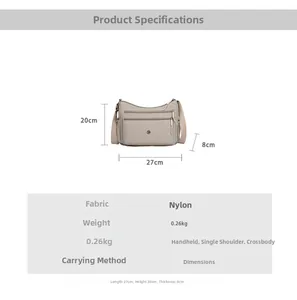 Diagramma tecnico della borsa a tracolla in nylon con dimensioni 27x20x8cm e dettagli vari