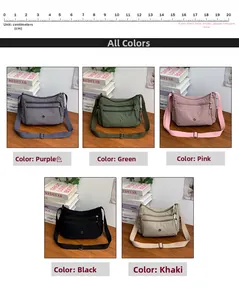 Dettaglio di borse a tracolla in nylon in cinque colori con diversi scomparti a zip