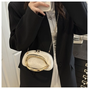 Close-up of textured cream crossbody bag with large gold buckle and fine chain strap