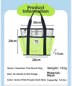 Detailed dimensions of neon green mesh beach tote bag with 14.5L capacity and side pockets